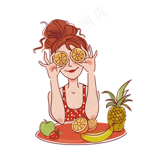 手绘唯美人物女孩享受美食水果香