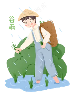 谷雨插秧的小男孩