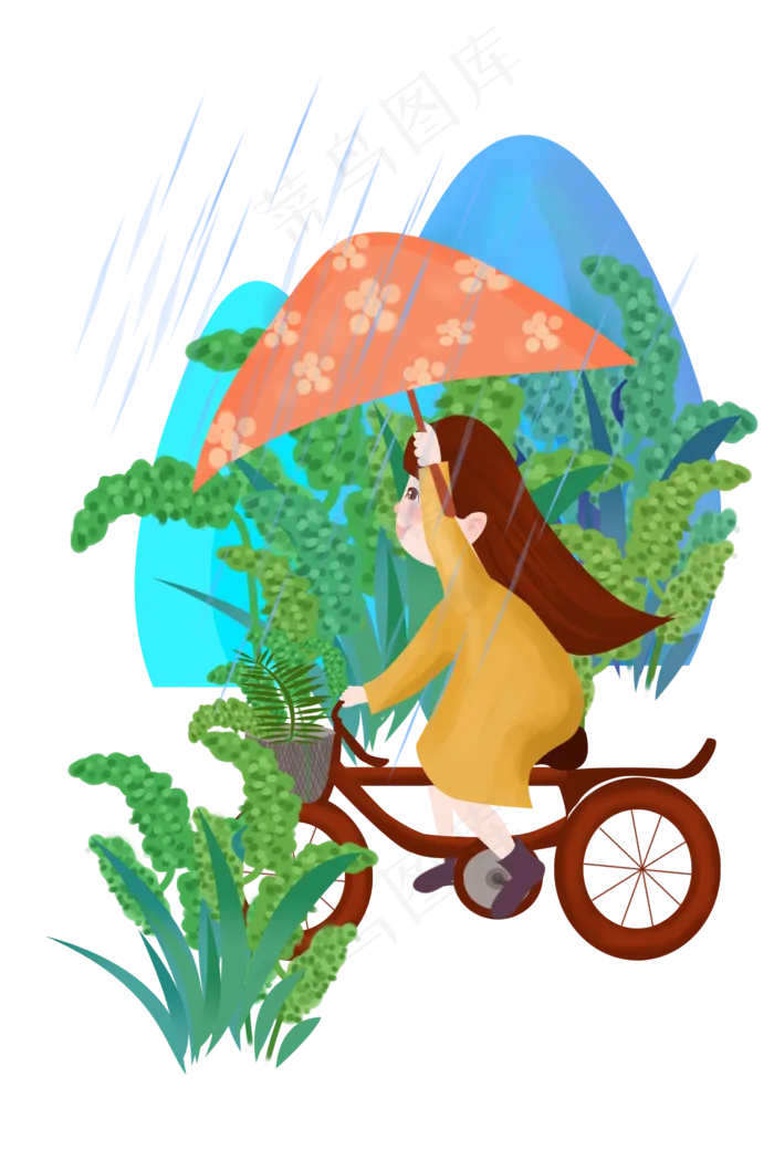 谷雨骑车打伞的小女孩