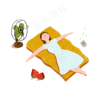 夏日风扇乘凉女孩西瓜手机