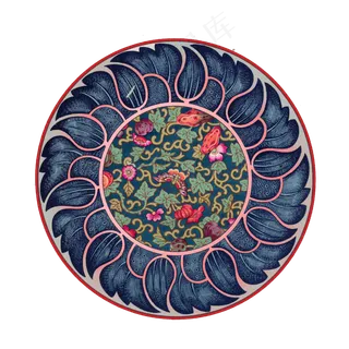 中式古典团花纹饰彩蝶青花,免抠元素