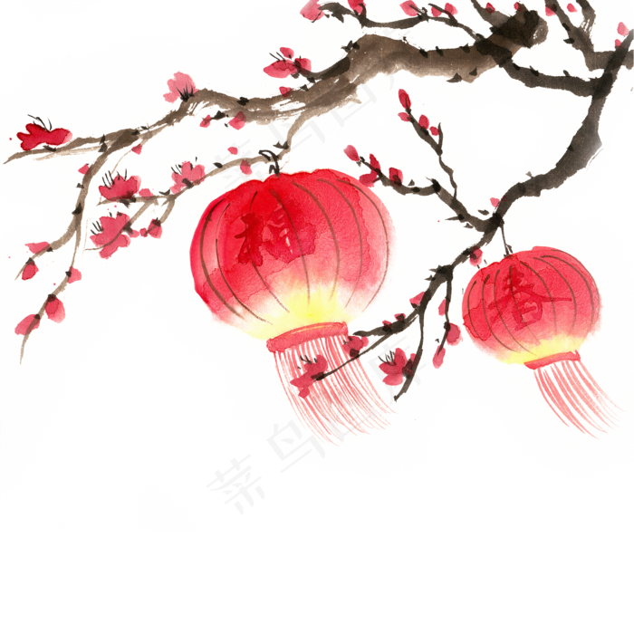 元旦梅花与灯笼,免抠元素(4724X4724(DPI:300))psd模版下载