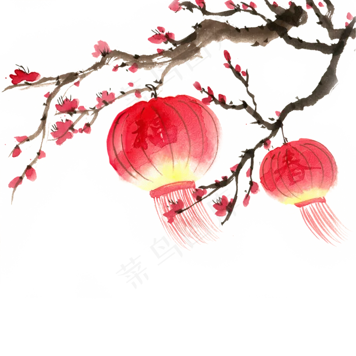 元旦梅花与灯笼,免抠元素(4724X4724(DPI:300))psd模版下载