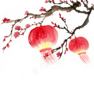 元旦梅花与灯笼,免抠元素