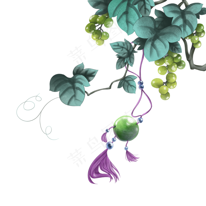葡萄枝藤国风挂件,免抠元素