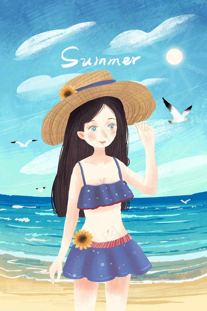夏日少女海边游泳小清新(3545X5315(DPI:300))psd模版下载