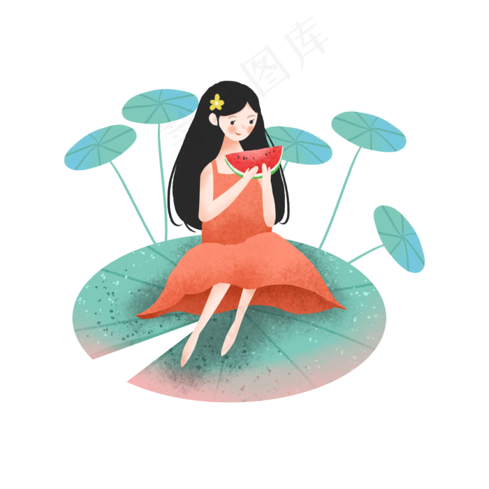 坐在荷叶上吃西瓜的女孩