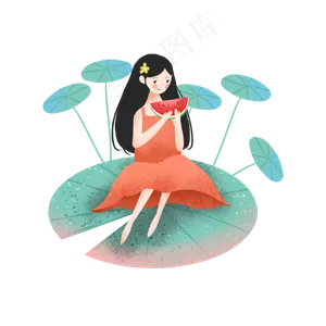 坐在荷叶上吃西瓜的女孩