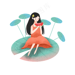 坐在荷叶上吃西瓜的女孩