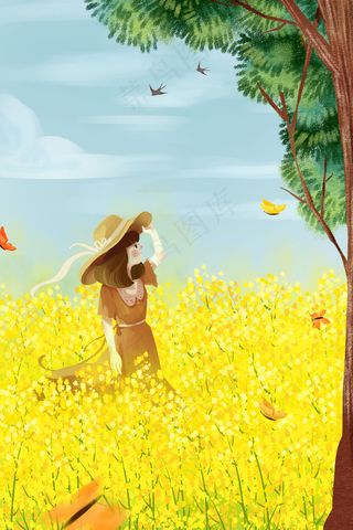 春天夏天出游油菜花少女天空清新唯美树木