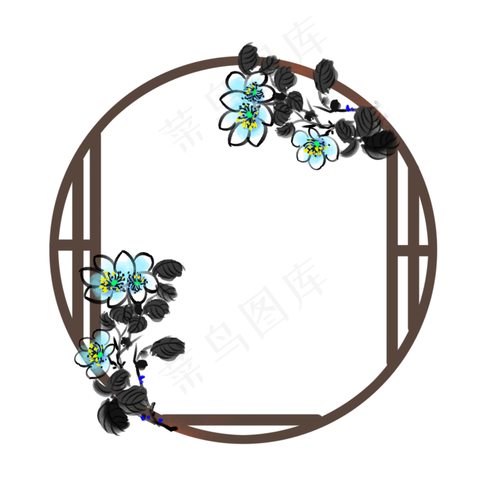带水墨花的边框插画