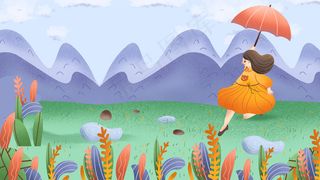 春季春分绿色系女孩春游卡通可爱配图