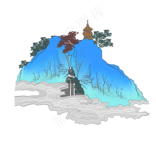 中国画水墨山水工笔云亭点翠PNG,免抠元素