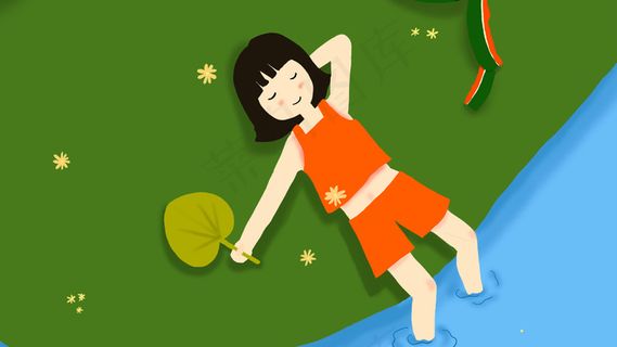 立夏少年少女在河边纳凉吃西瓜