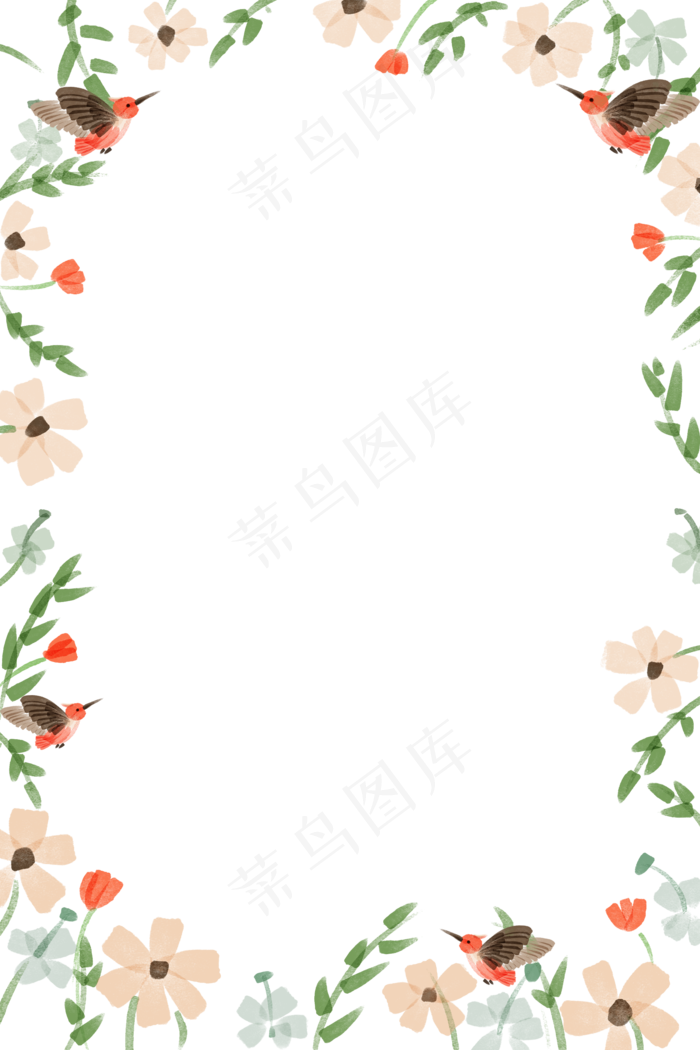 粉橘色淡雅花束蜂鸟春夏免抠边框(2000X3000(DPI:300))psd模版下载