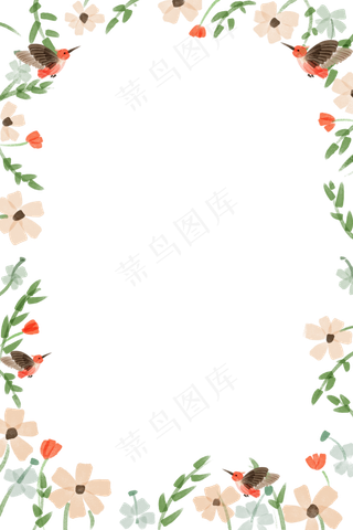 粉橘色淡雅花束蜂鸟春夏免抠边框