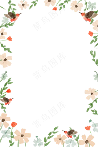 粉橘色淡雅花束蜂鸟春夏免抠边框