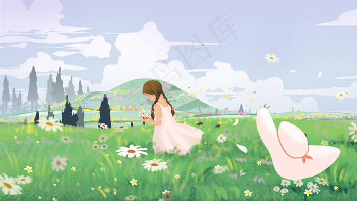 春天立夏山峰草坪小菊花女生帽子云彩(2880X1620(DPI:300))psd模版下载