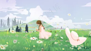 春天立夏山峰草坪小菊花女生帽子云彩