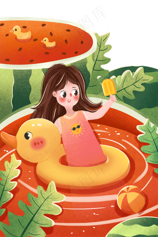 手绘卡通西瓜泳池里玩耍的女孩免