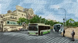 冷色调夏季特色油画风日式街道生活场景配图