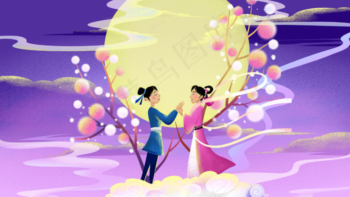 蓝色系卡通手绘风七夕牛郎织女配图(2880*1620px 300 dpi )psd模版下载