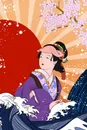 日系浮世绘女人樱花海水手绘