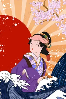 日系浮世绘女人樱花海水手绘 日系浮世绘女人樱花海水手绘