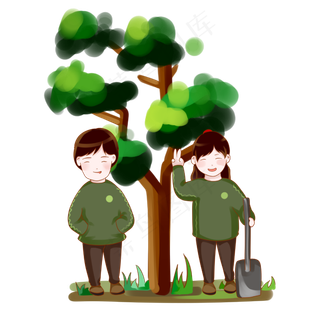 植树节青年志愿者与树合照PNG