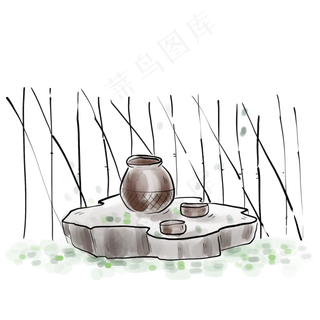 国画酒坛子和篱笆