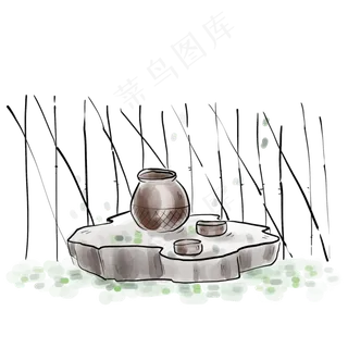 国画酒坛子和篱笆