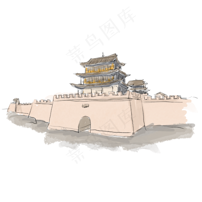 手绘嘉峪关水彩插画