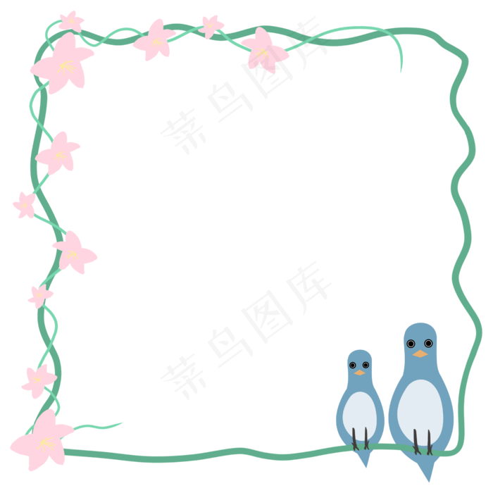 春夏色卡通正方形花鸟边框,免抠元素