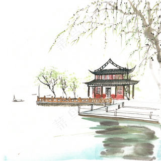 江南春天水墨画PNG免抠素材