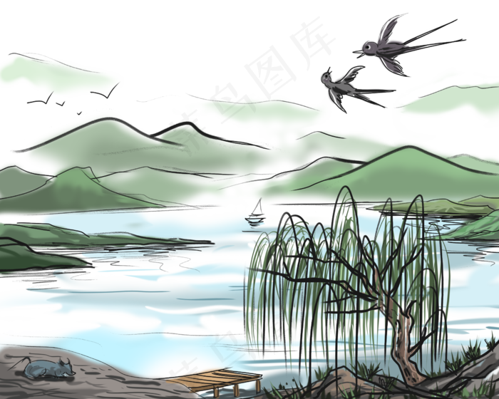 山水主题清明节柳树风景水墨风格