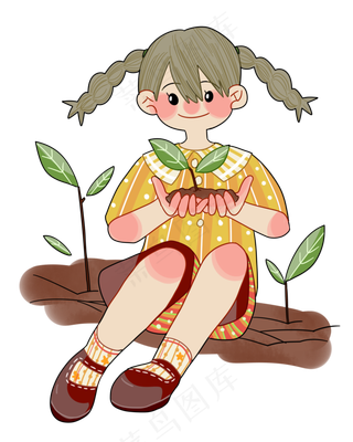 植树节拿树苗的小女孩