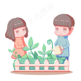 植树节照顾花草人物卡通手绘免扣