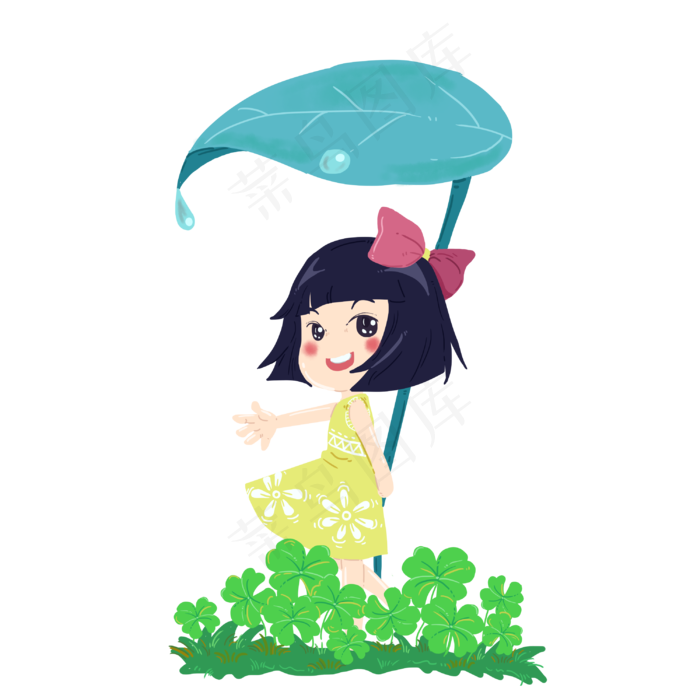 谷雨在叶子下躲雨的小女孩