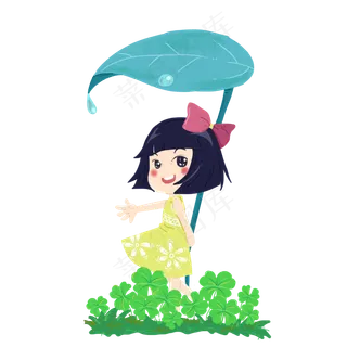 谷雨在叶子下躲雨的小女孩