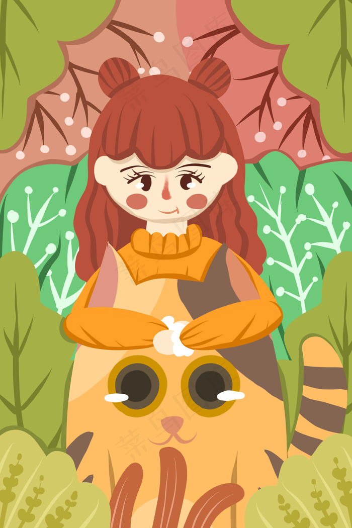 传统节气立夏女孩萌宠小清新治愈系插画