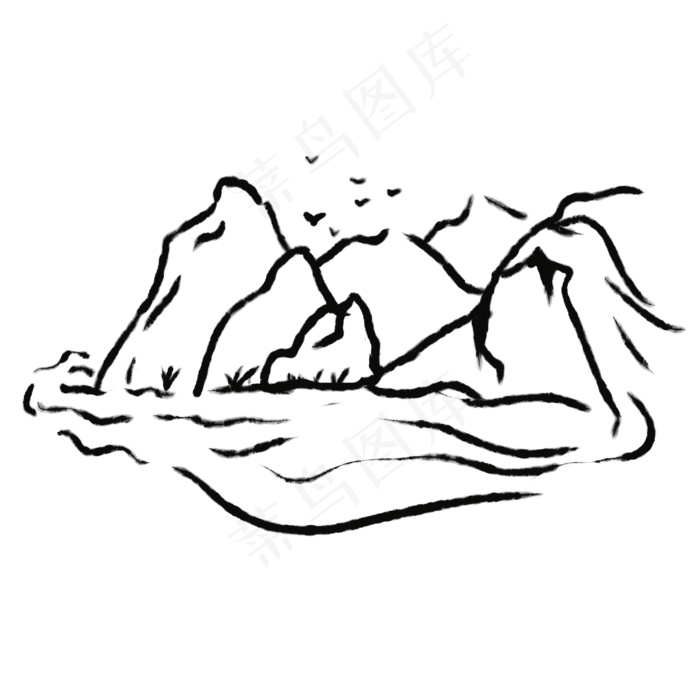 线描山泉山水简笔画