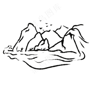 线描山泉山水简笔画