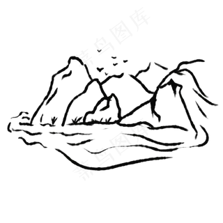 线描山泉山水简笔画