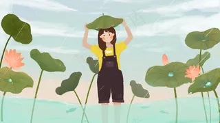 夏季荷花荷叶少女