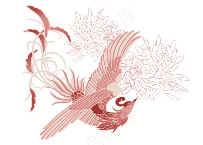 水红凤凰中国古典神兽,免抠元素(3500*2500px 300 dpi )psd模版下载