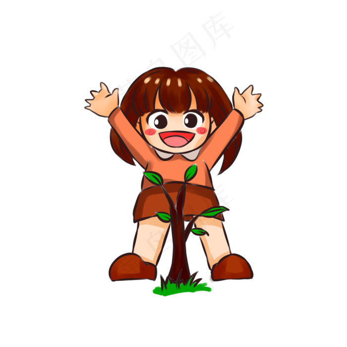 植树节卡通女孩卡通手绘矢量图浇