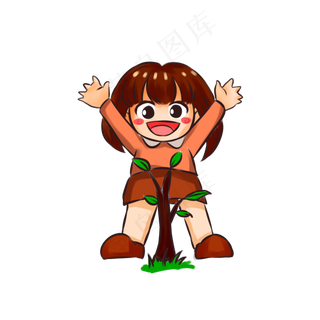 植树节卡通女孩卡通手绘矢量图浇