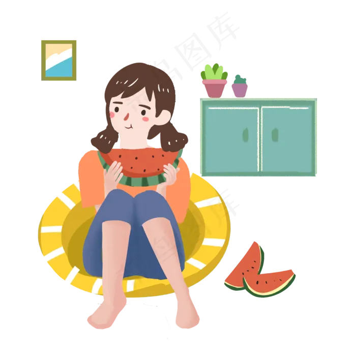 夏至女孩吃西瓜PNG(2000X2000(DPI:300))psd模版下载