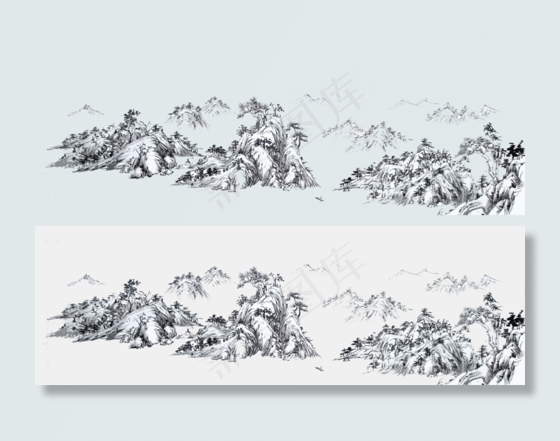 山水国画白描水墨东方PNG(4000X1302(DPI:72))psd模版下载
