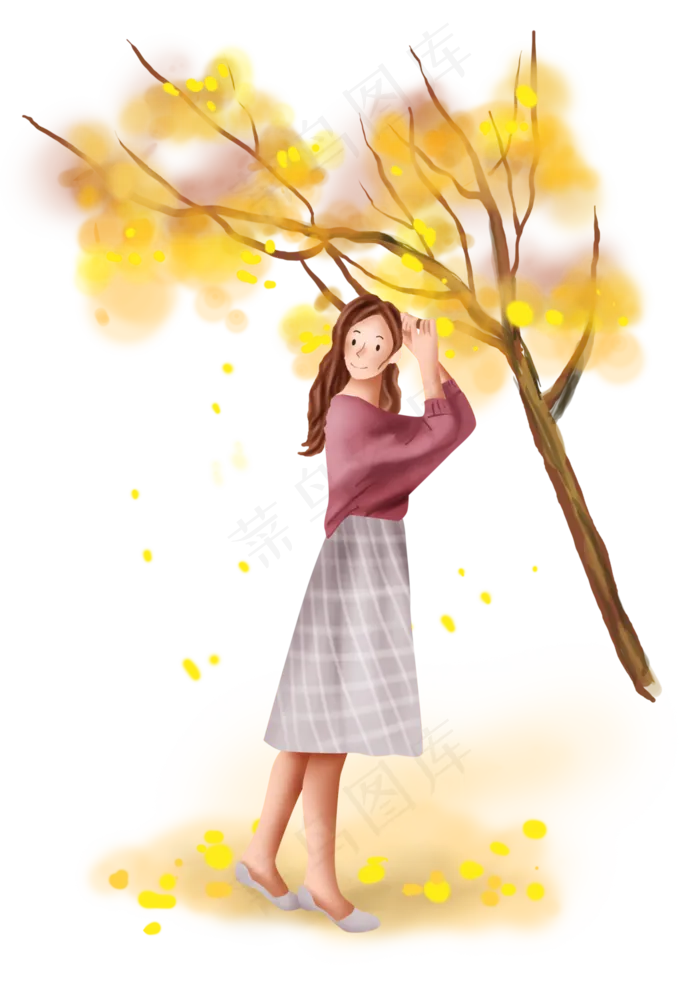 立秋黄色树下的女孩,免抠元素